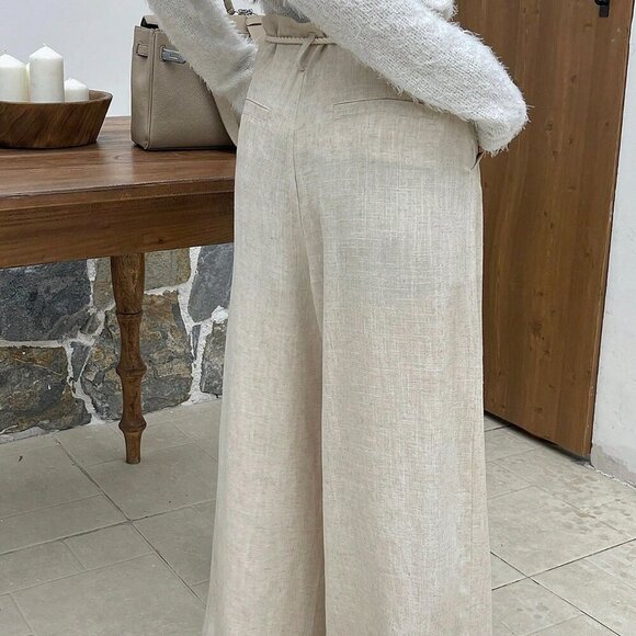 Beige Casual Women's Loose Fit Folded Pleat Wide Leg Pants - Picture 5 of 7